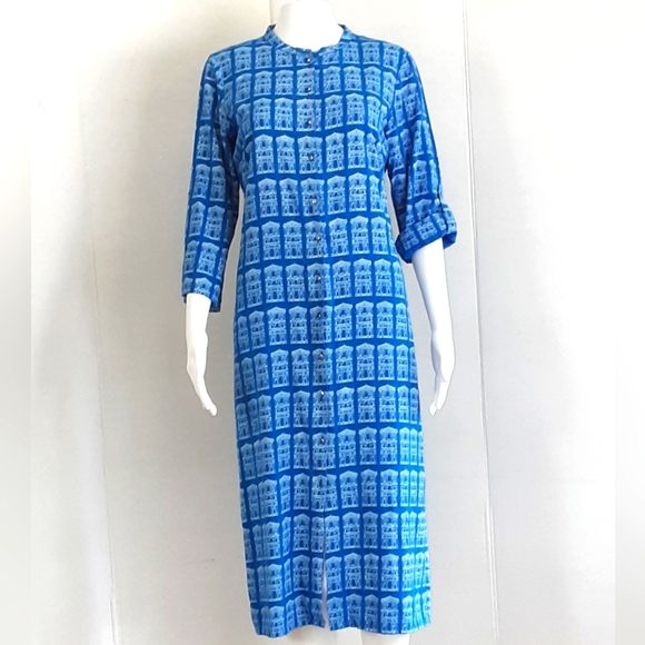 WFORWOMAN Kurta Mandarin Collar Building Print Button Down Tunic Top Sz 10 - Picture 2 of 8